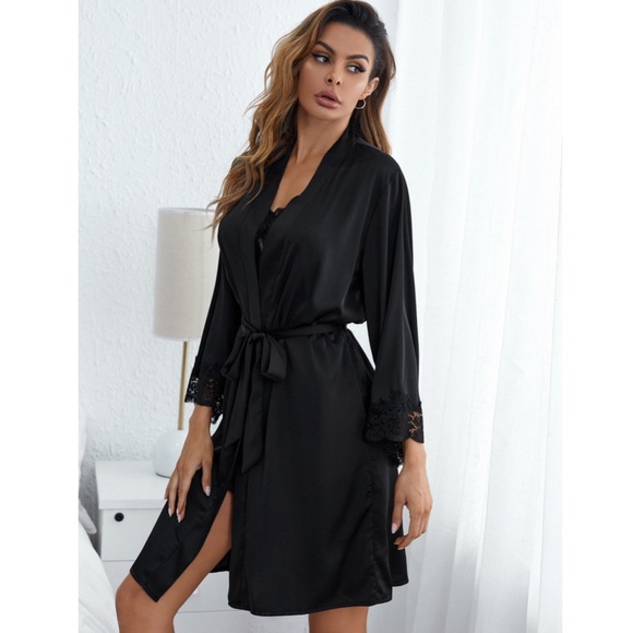 Black Satin Robe & Slip 2 Piece Set Lace Detail - Picture 3 of 5